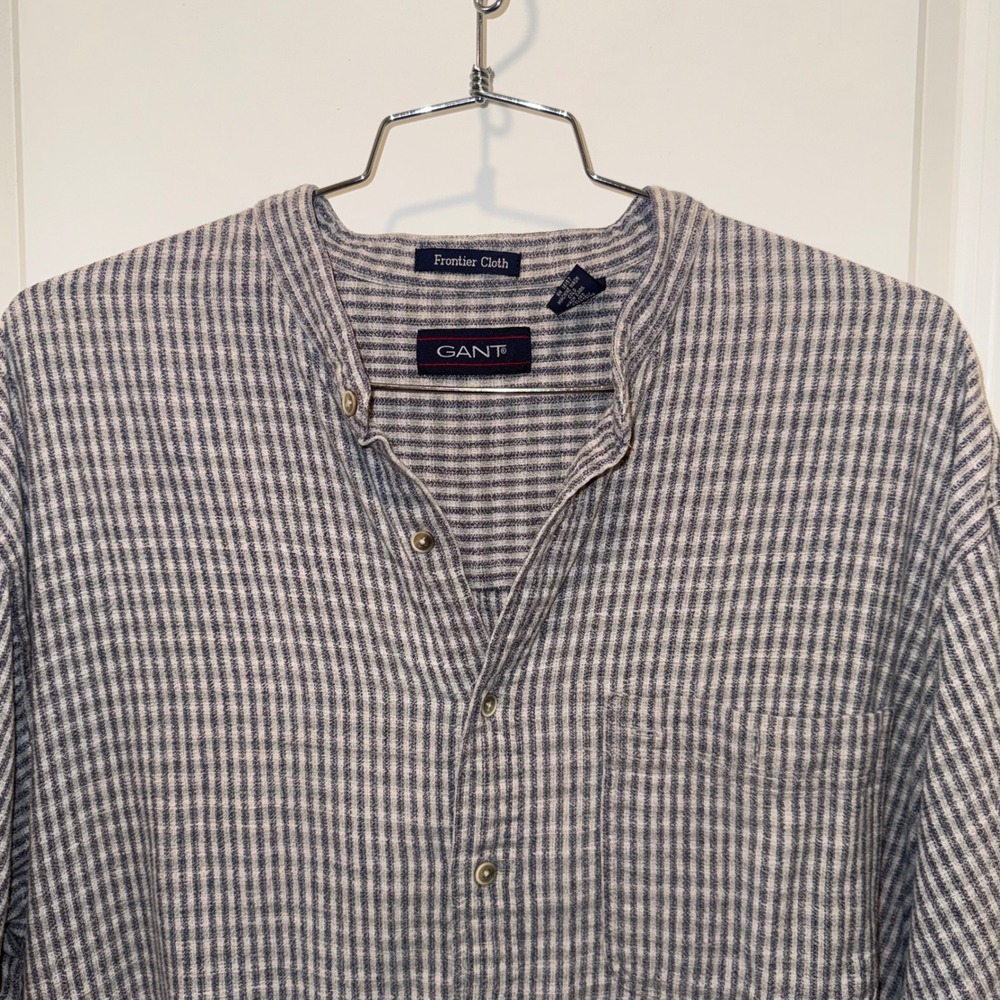 Vintage GANT Frontier Cloth Mens XL Shirt Band Collar Stripe Cotton Short Sleeve